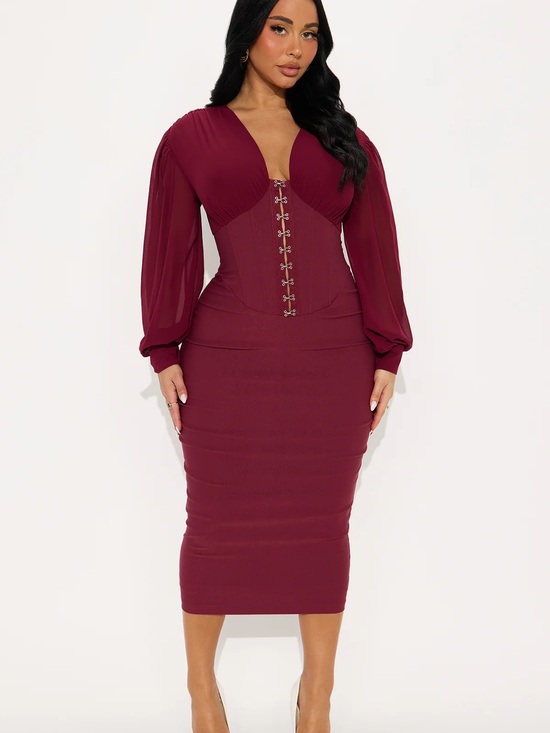 Fashion Nova Dresses & Skirts - Fashion Nova Burgundy Corset-Front Midi Dress with Sheer Bishop Sleeves